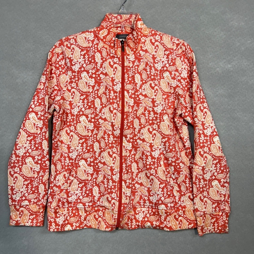 Liz Claiborne Women Large Jacket Coral Pink Floral Paisley Full Zip Mock Neck